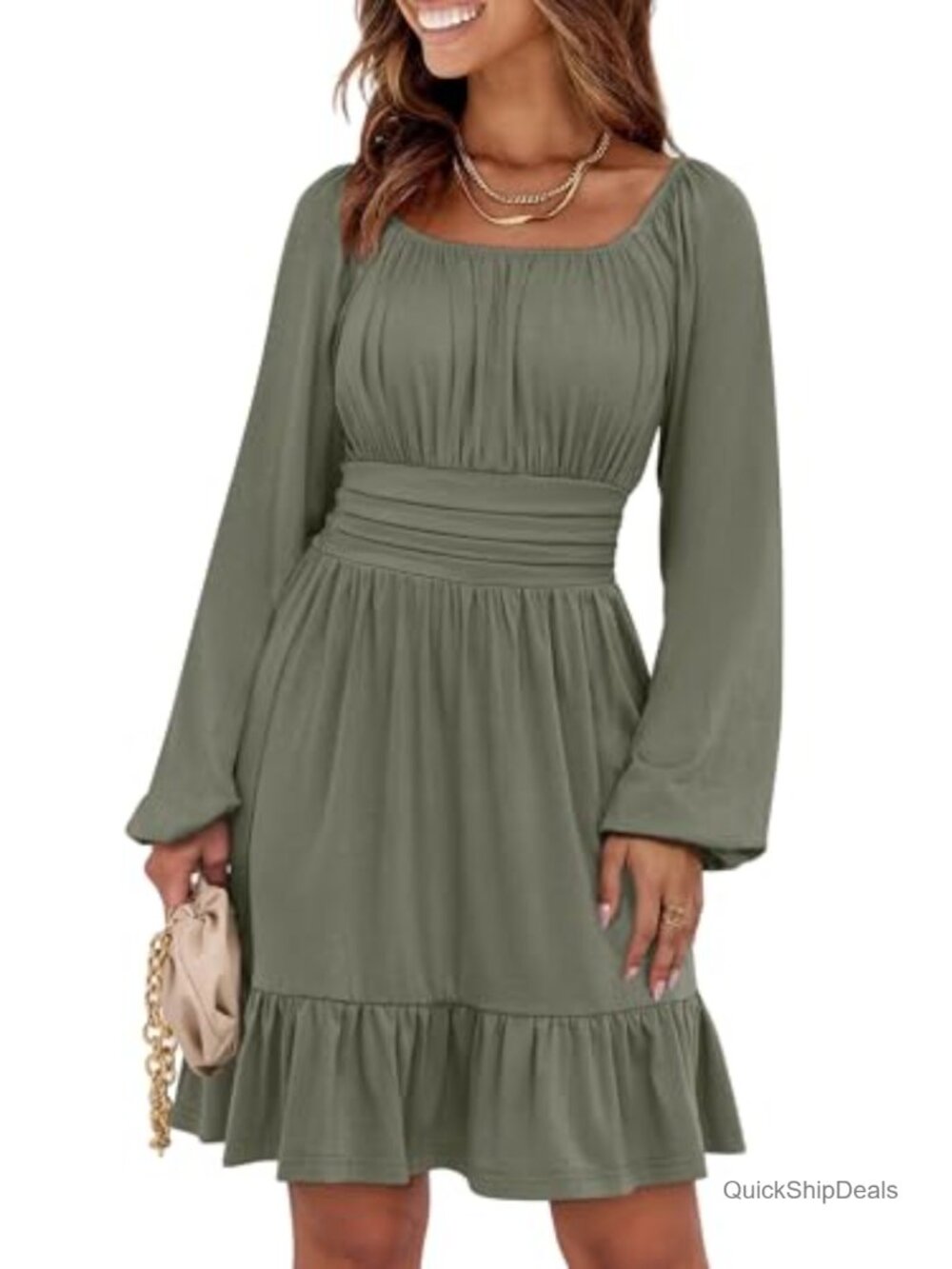 Long Lantern Sleeve Square Neck Short Dress Ruched Smocked A-Line Ruffle Hem